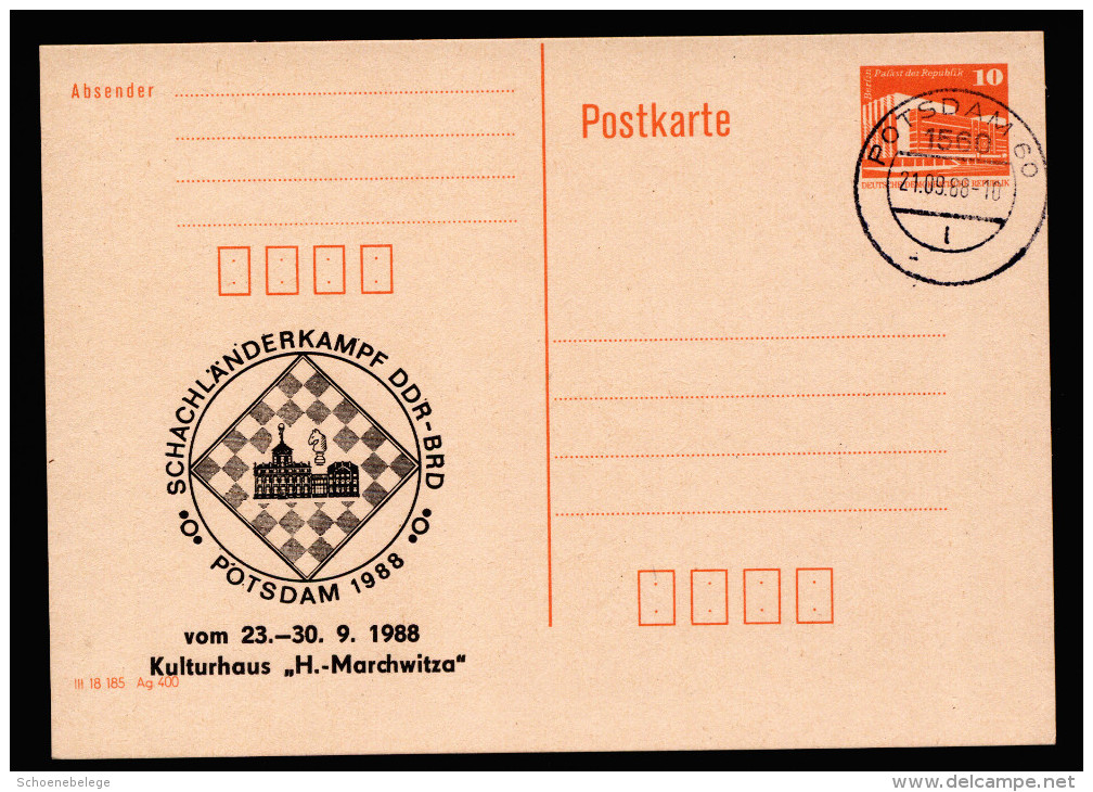 A4138) DDR Schach Chess Karte Zudruck Länderkampf Potsdam 1988 Mit Stempel Potsdam 21.09.88 - Schach