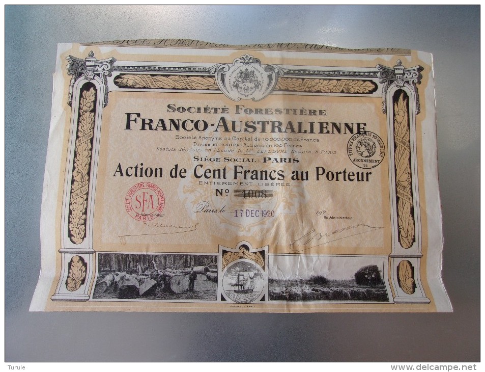 FORESTIERE FRANCO AUSTRALIENNE (100 Francs) 1920 - Andere & Zonder Classificatie