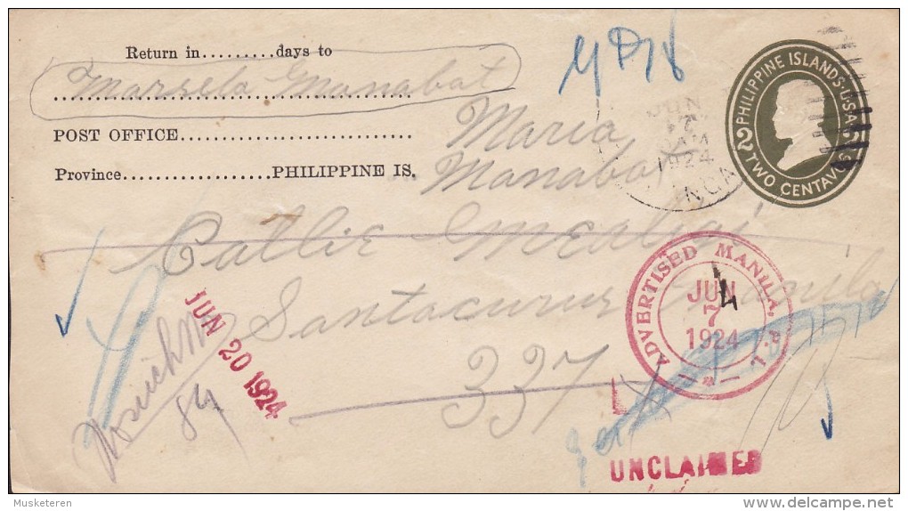 Philippines Postal Stationery Ganzsache Entier (Front Only!!) 2 C. ADVERTISED MANILA 1924 (2 Scans) - Filipinas