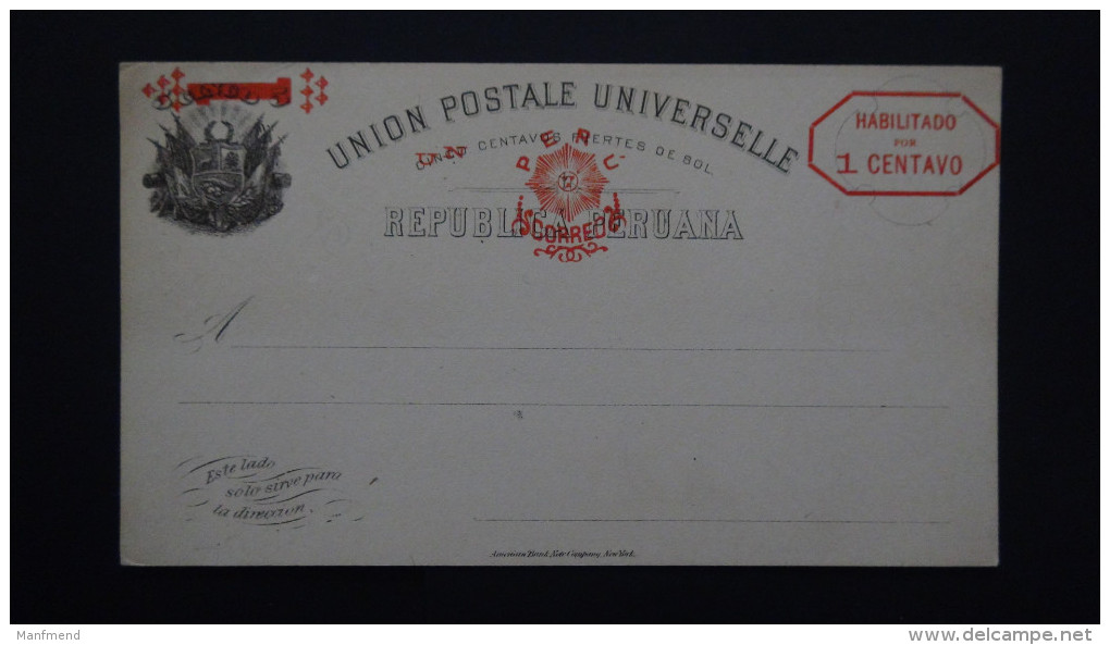 Peru - 1 Centavo On 5 Centavos  - Postcard - Postal Stationery - Unused - Look Scan - Peru