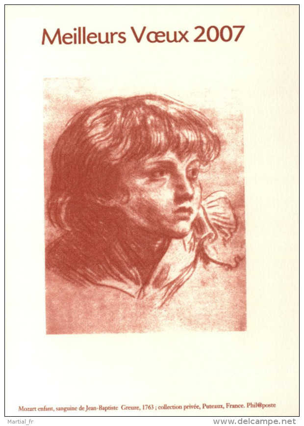 GRAVURE  MOZART ENFANT SANGUINE DE JEAN BAPTISTE GREUZE PHILAPOSTE VOEUX 2007 - Musique