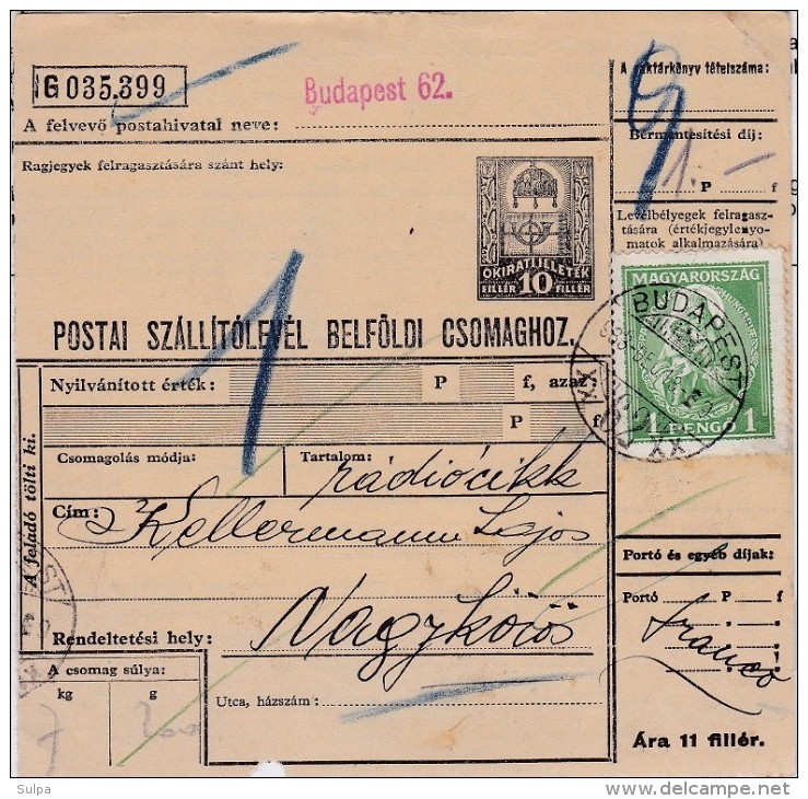 Beigleitkarten Für Paket / Bulletin D´expédition Pour Paquet, 1 Pengö - Colis Postaux