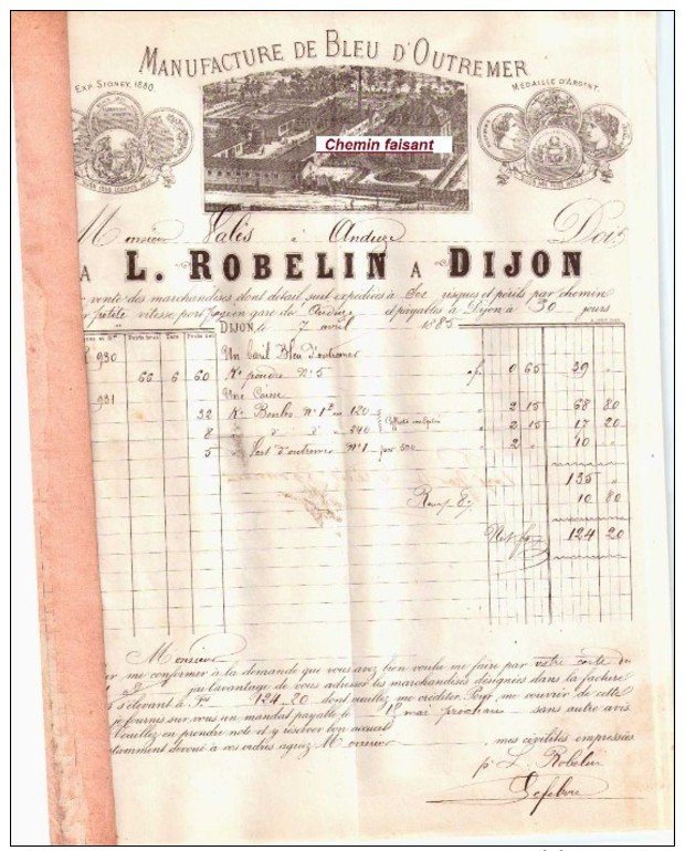 Document Du 07/04/1885 ROBELIN Bleu D'outremer - Dijon 21  - Scans Recto-vero - 1800 – 1899