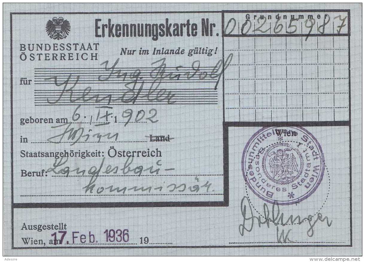 ERKENNUNGSKARTE ÖSTERREICH 1936 - Historical Documents