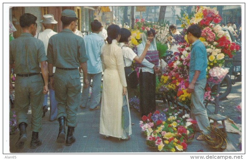 Saigon Vietnam, Vietnam War Ear, Flower Market, Soldiers C1960s Vintage Postcard - Vietnam