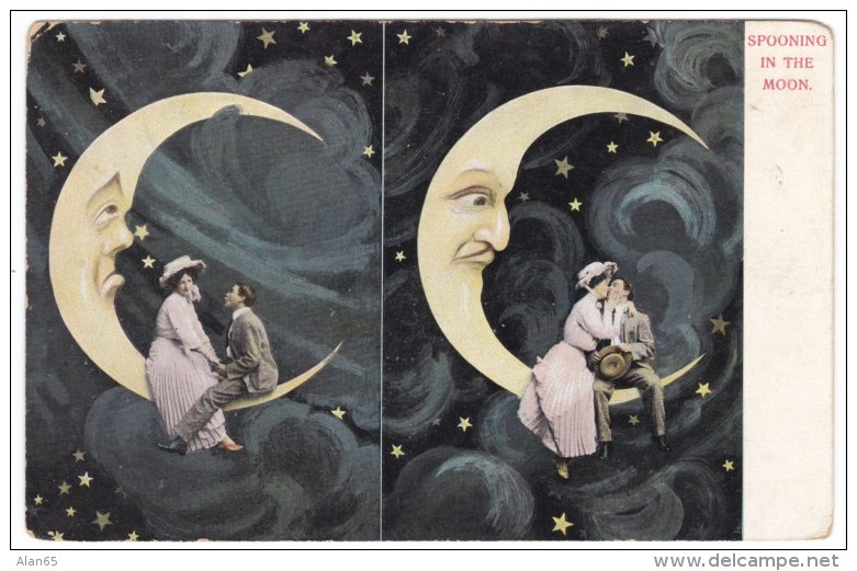 Couple Sits In Moon, Spooning In The Moon, Romance, C1900s/10 Vintage Postcard - Koppels
