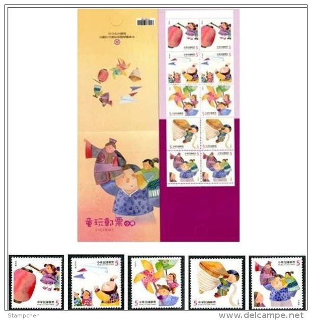 Taiwan 2013 Children At Play Stamps & Booklet Toy Lantern Paper Airplane Plane Pinwheel Top Puppet Kid Boy Girl Costume - Unused Stamps