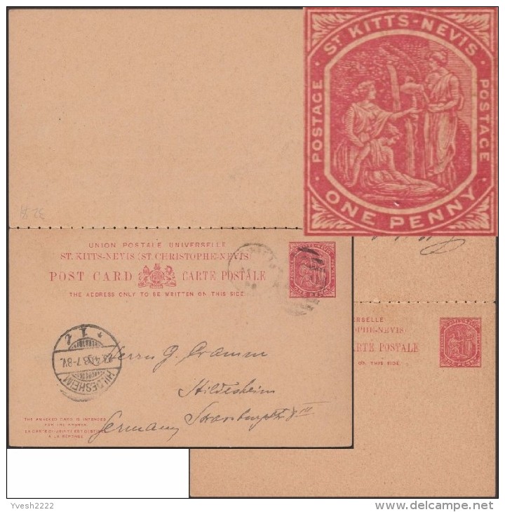 St Kitts & Nevis 1908. Entier Postal, Carte Avec Réponse Payée. Les Sources D'eaux Douces Chaudes Et Volcaniques - Volcans