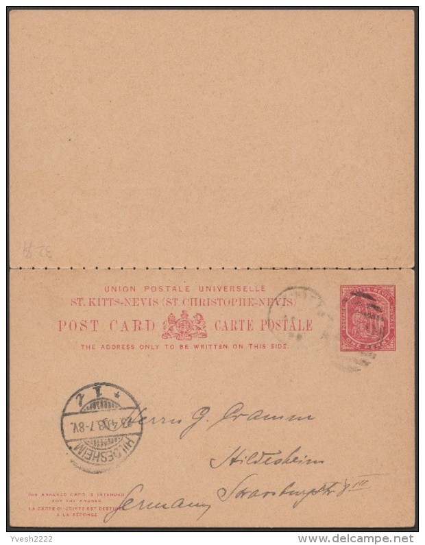 St Kitts & Nevis 1908. Entier Postal, Carte Avec Réponse Payée. Les Sources D'eaux Douces Chaudes Et Volcaniques - Volcans