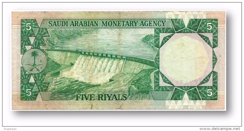 SAUDI  ARABIA - 5 RIYALS - 1977 - Pick 17.a - With ERROR - Sign. 4 - King Faisal / Dam  - 2 Scans - Saudi-Arabien