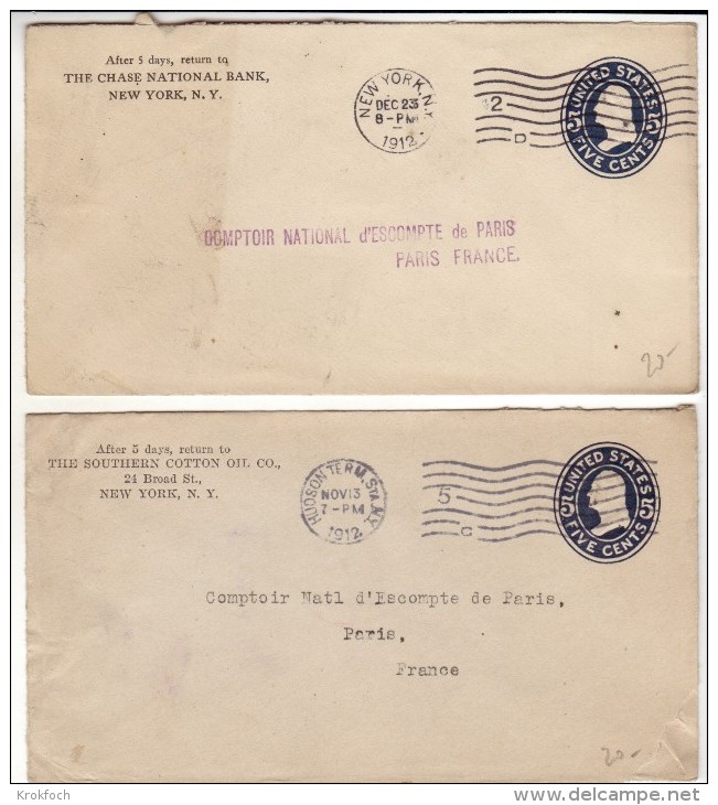 2 Covers Chase Bank & Southern Cooton Oil 1912 - New York & Hudson - Stationary Entier Ganzsache - 1901-20