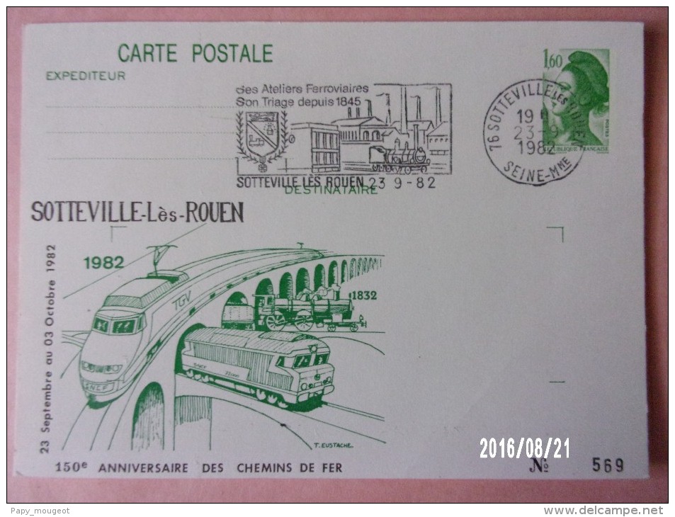 Entier Postal Repiqué N°430 CP Sotteville Les Rouen - 150e Anniversaire Des Chemins De Fer - 23 Septembre 1982 - Bijgewerkte Postkaarten  (voor 1995)