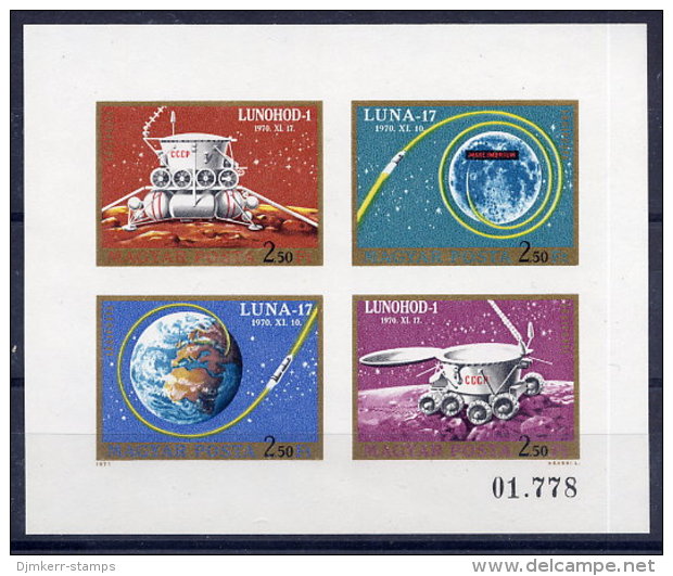 HUNGARY 1971 Luna 17 Moon Landing Imperforate Sheetlet MNH / **.  Michel 2654-57B Kb - Blocs-feuillets