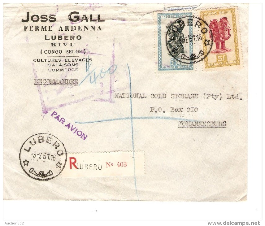TP 289-290 S/L.Avion Recommandée C.Lurebo (Kivu) 8/2/1951 V.Johannesburf South Africa PR3379 - Cartas & Documentos