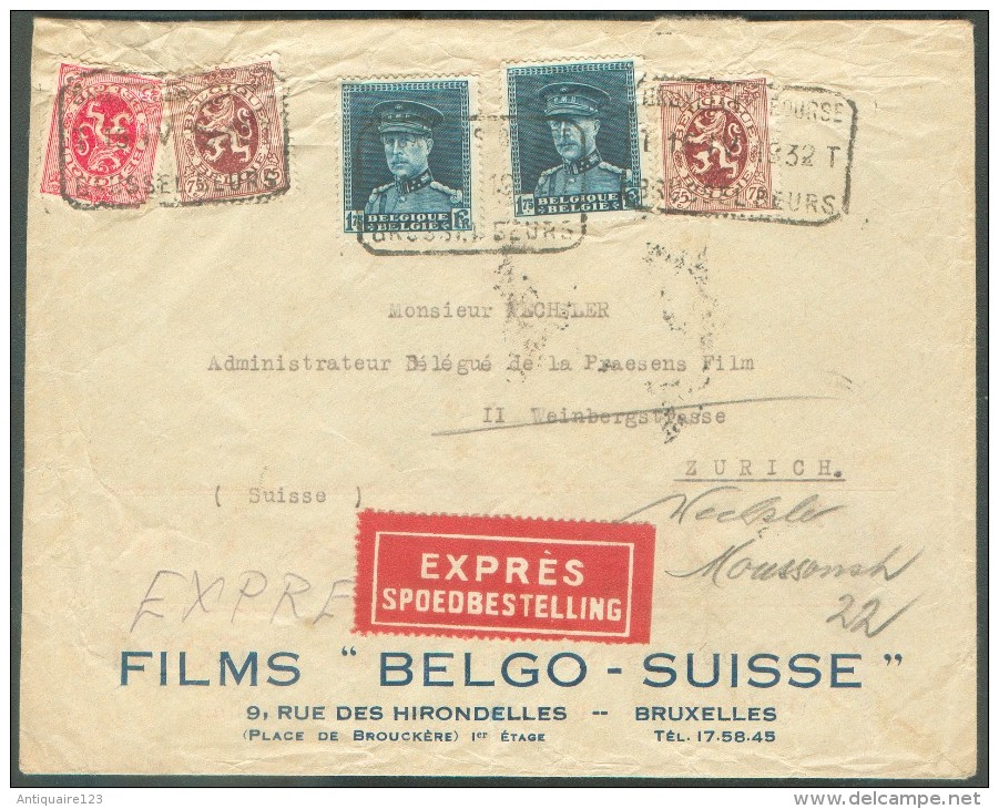 THEME CINEMA - MOVIE BELGIQUE Affranchissement KEPI-LION Sur Lettre Exprès De BRUXELLES-BOURSE T*T Le 16-IV-1932 Vers ZÜ - 1931-1934 Quepis