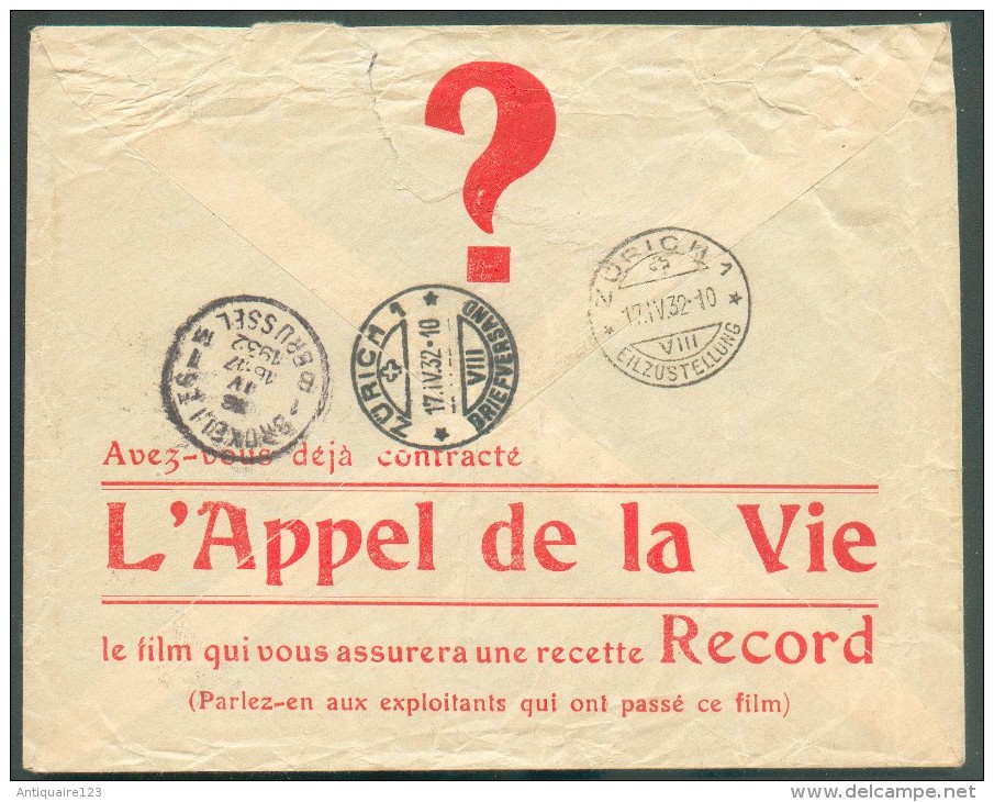 THEME CINEMA - MOVIE BELGIQUE Affranchissement KEPI-LION Sur Lettre Exprès De BRUXELLES-BOURSE T*T Le 16-IV-1932 Vers ZÜ - 1931-1934 Képi