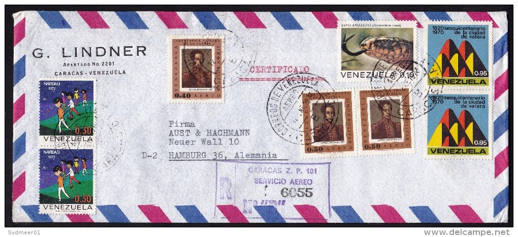 Venezuela: Registered Airmail Cover To Germany, 1973, 8 Stamps, Snake, Children, Valera, Bolivar (traces Of Use) - Venezuela