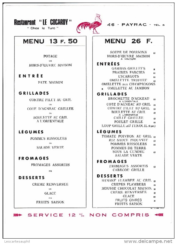 Ancien Menu Du Restaurant Le Cocardy A Payrac Dans Le Lot Chez Le Turc - Menus