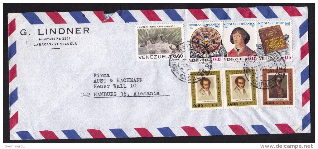 Venezuela: Airmail Cover To Germany, 1973, 7 Stamps, Snake, Copernicus, Science, Book, Bolivar (minor Damage) - Venezuela