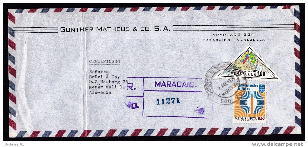 Venezuela: Registered Airmail Cover To Germany, 1974, 2 Stamps, Triangle Shaped, Congress Of Engineers (damaged) - Venezuela