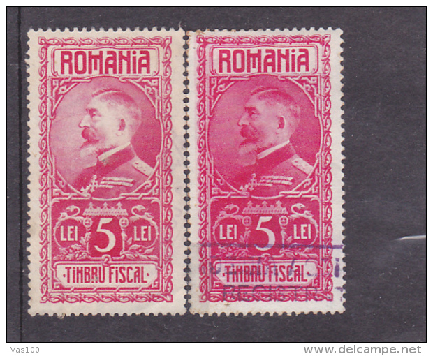 #144      FISCAUX STAMP, REVENUE STAMP, 2X STAMPS,  DIFFERENT COLOURS,   ROMANIA. - Revenue Stamps