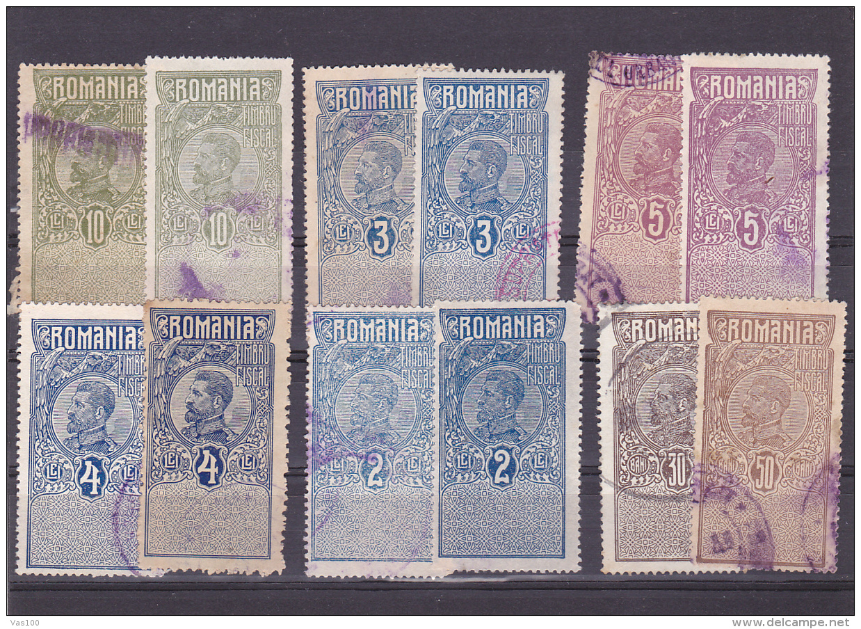 #145      KING CAROL I, REVENUE STAMPS, 12X STAMPS, DIFFERENT COLOURS, USED,  ROMANIA. - Fiscale Zegels