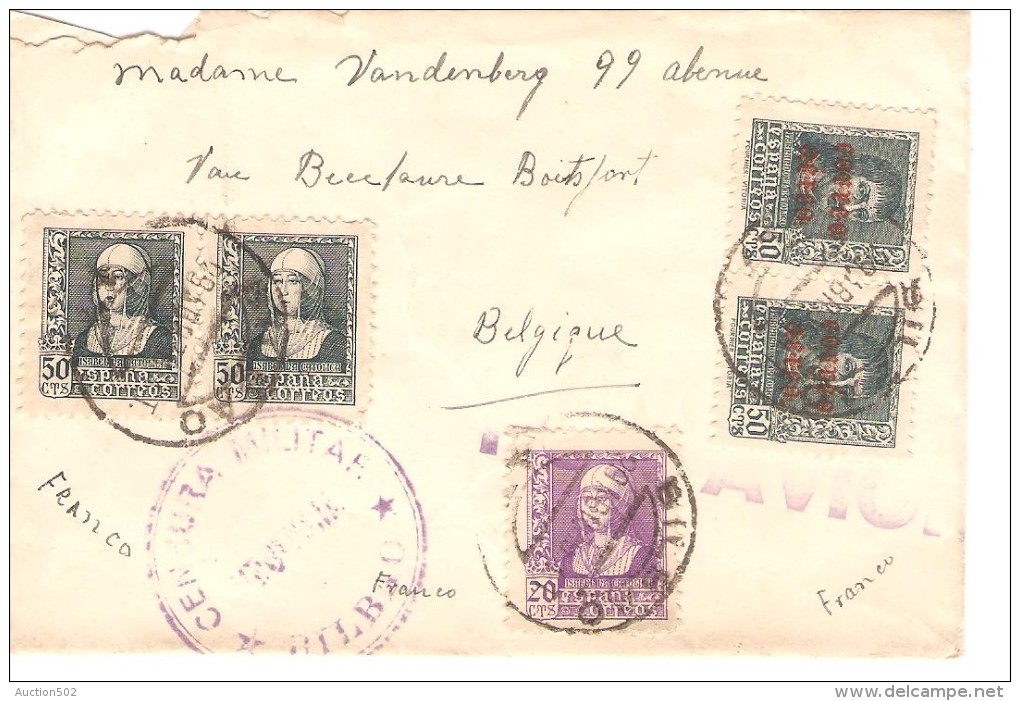 Espana Air Mail Cover Bilbao 1938? Cen Sura Militar To Belgium PR3388 - Cartas & Documentos