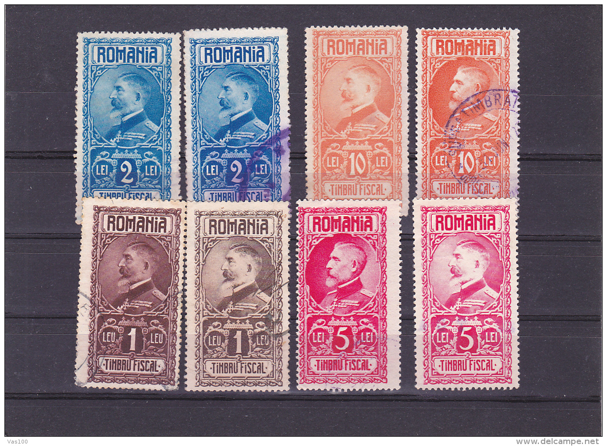 #145      KING CAROL I, REVENUE STAMPS, 8X STAMPS, DIFFERENT COLOURS, USED,  ROMANIA. - Fiscale Zegels