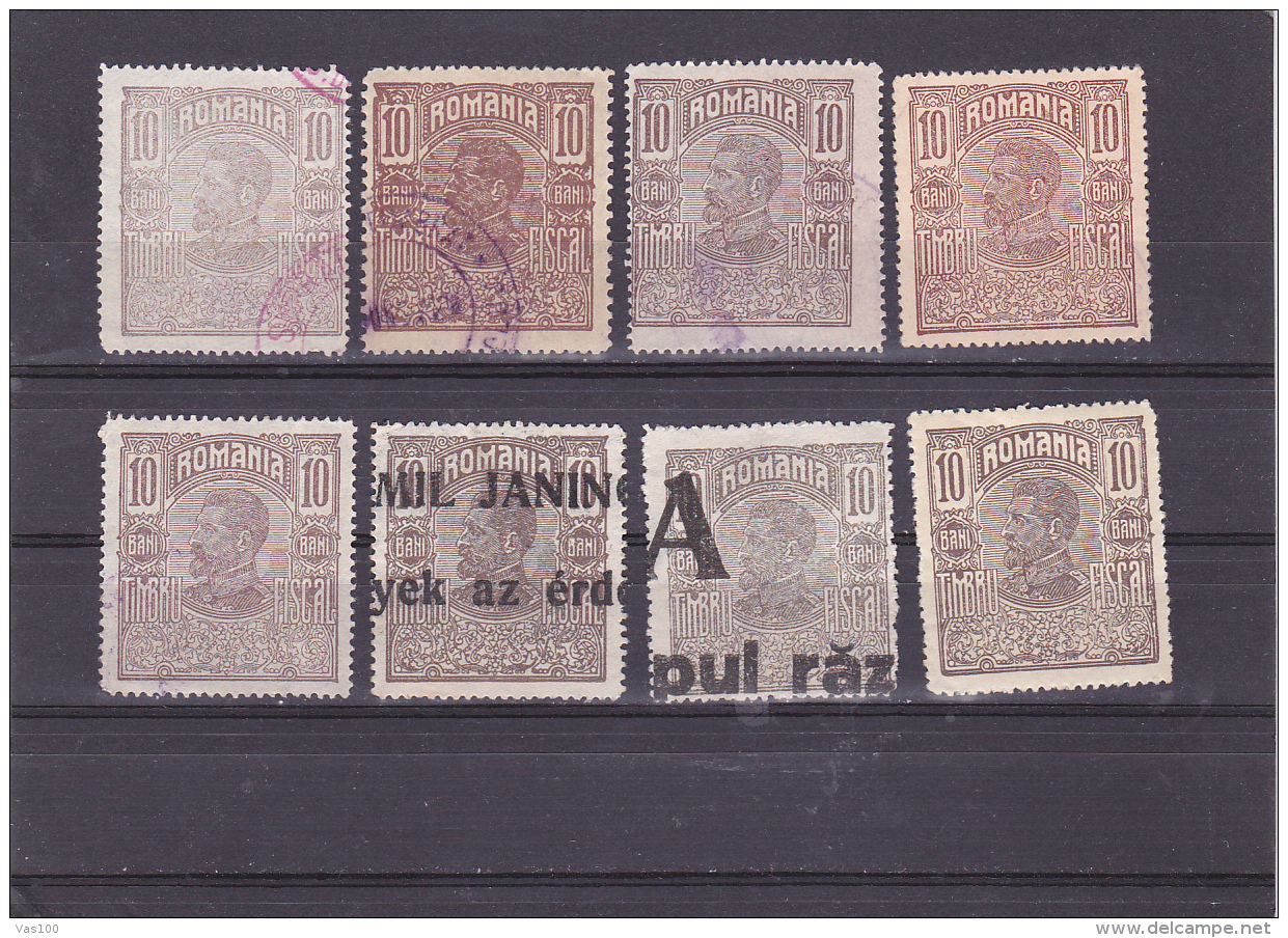 #145      KING CAROL I, REVENUE STAMPS, 8X STAMPS, DIFFERENT COLOURS,  OVERPRINT, USED,  ROMANIA. - Fiscale Zegels