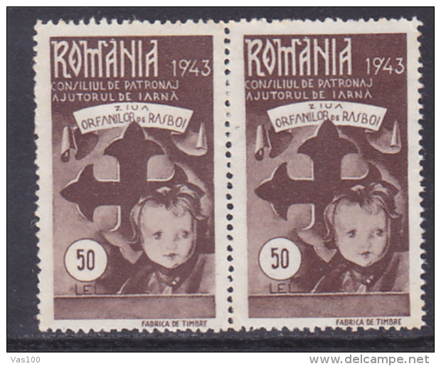 #146      FISCAUX STAMP, REVENUE STAMP PATRONAGE COUNCIL, CHILD, CROSS, 2X STAMPS IN PAIR,     ROMANIA. - Fiscale Zegels