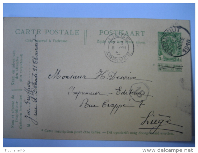 Entier Postal Armoiries THOUROUT 1910 Naar LIEGE - Signé Joséphine GRYFFROY à THOUROUT - Briefkaarten 1871-1909