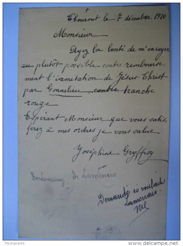Entier Postal Armoiries THOUROUT 1910 Naar LIEGE - Signé Joséphine GRYFFROY à THOUROUT - Briefkaarten 1871-1909