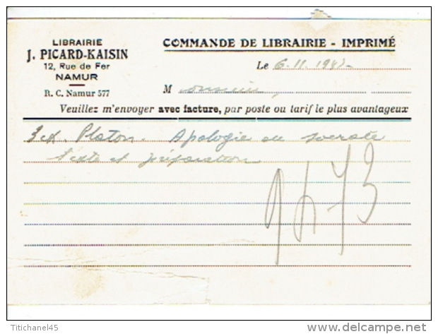 Taxe 20 C  Sur Bulletin De Commande  De La Librairie J. PICARD-KAISIN NAMUR Non Affranchi  Oblit. Namur 1947 Vers LIEGE - Other & Unclassified