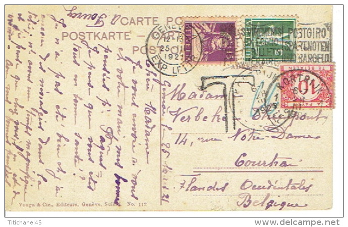 Taxe  De 10 C Sur CP Illustrée De GENEVE (SUISSE) à KORTRIJK En 1921 - Autres & Non Classés