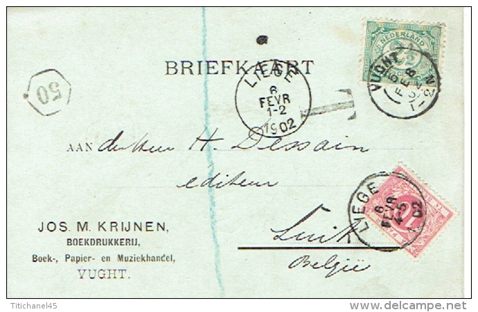 Taxe De 10c Op Briefkaart JOS. M KRIJNEN Boekdrukkerij Te VUGHT (HOLLAND) Obliteratie VUGHT 5/02/1902 Naar LIEGE - Sonstige & Ohne Zuordnung