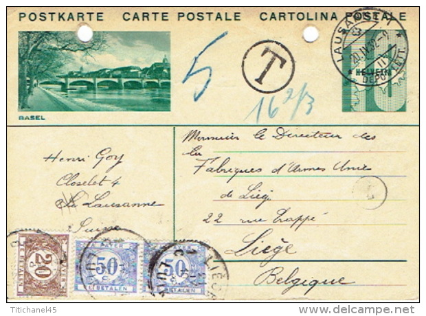 Taxe  De  2 X 50c + 1 X 20c Sur Entier Postal De Suisse De LAUSANNE à LIEGE Le 20/04/1932 - Other & Unclassified