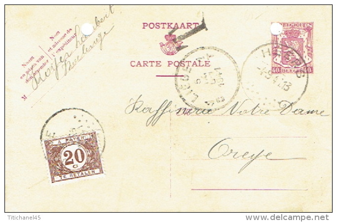 Taxe De 20c Sur Entier Postal De HEERS Vers OREYE Le 04.09.1941 - Other & Unclassified