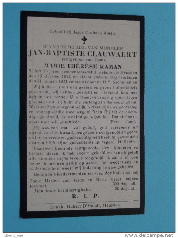 DP Jan-Baptiste CLAUWAERT ( Marie Thérèse RAMAN ) Heusden 15 Oct 1858 - 31 Jan 1923 ( Zie Foto's ) ! - Todesanzeige