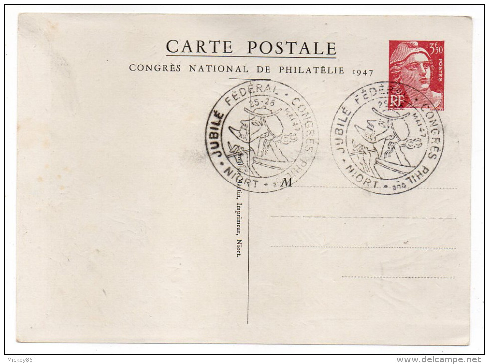 Entier-Carte Postale Gandon 3F50 N°401--cachet Jubilé Fédéral-Congrès Philatélique-NIORT-79--verso DONJON Signé Gandon - Cartes Postales Types Et TSC (avant 1995)