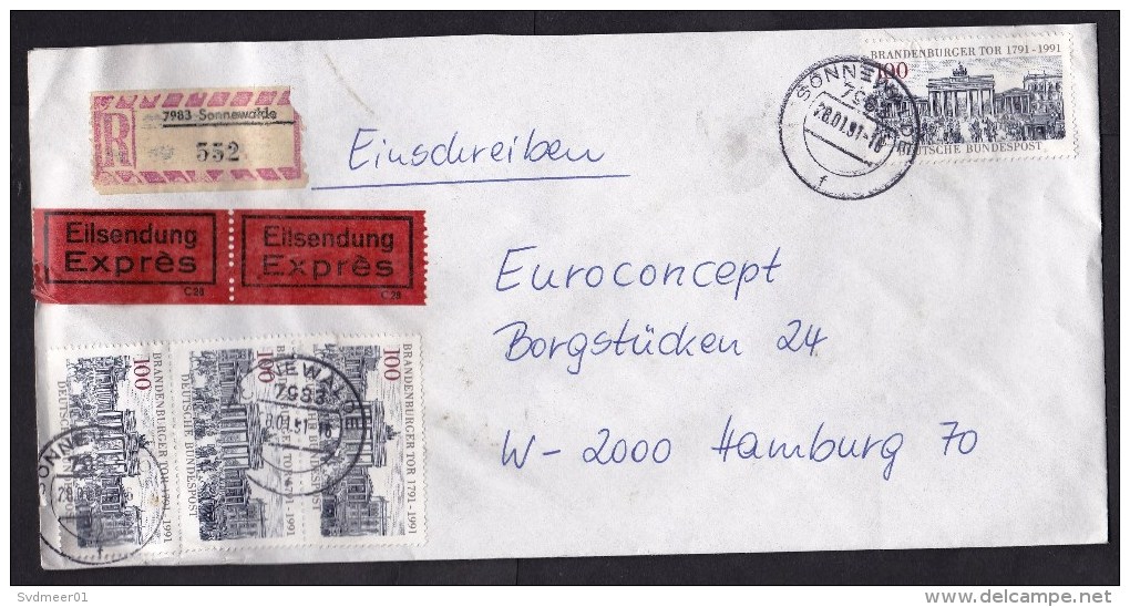 Germany: Registered Express Cover, 1991, Mix Of West German Stamps And East German R-label Sonnewalde (minor Damage) - Brieven En Documenten