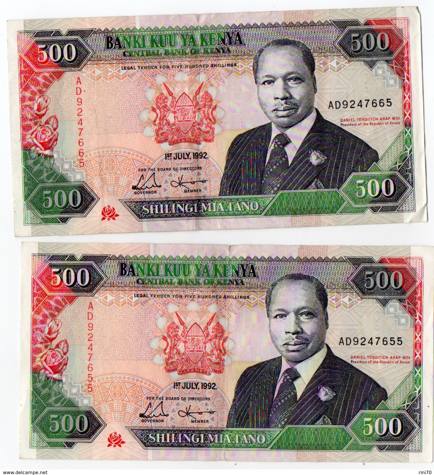 2 Banconote Kenya 500 Shilling Serie AD  Del 1992 Central Bank Shilingi Mia Tano - Kenia