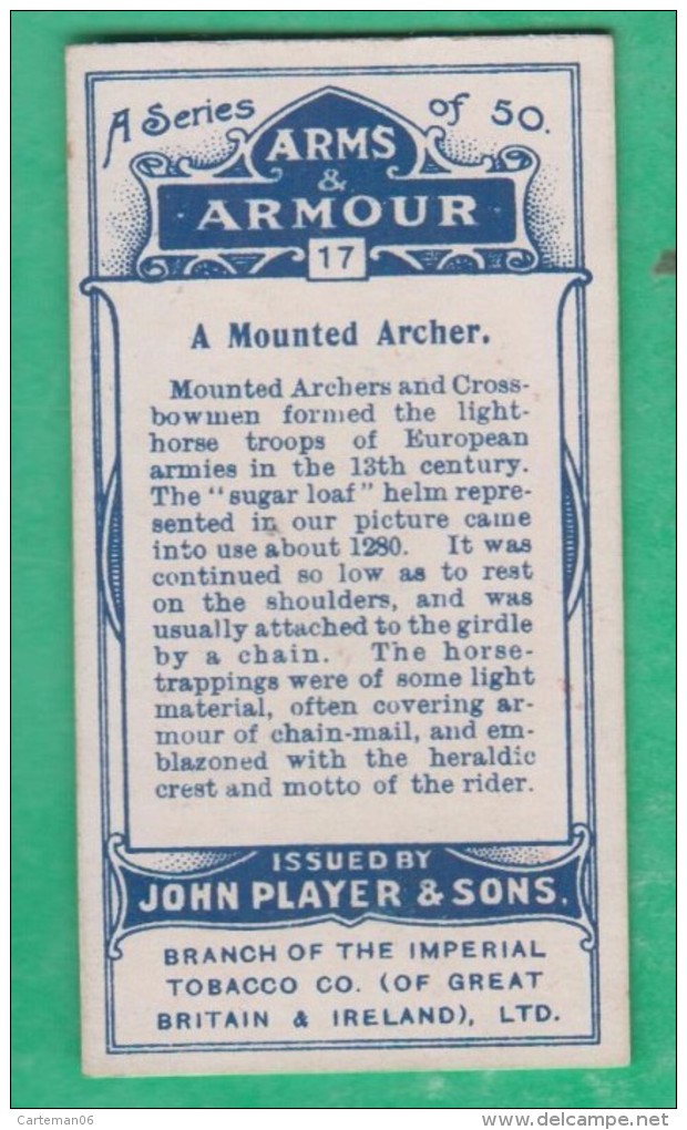 Chromo John Player & Sons, Player's Cigarettes, Arms & Armour 17 - Time Of Welsh Insurrection N°1282 A Mounted Archer - Player's