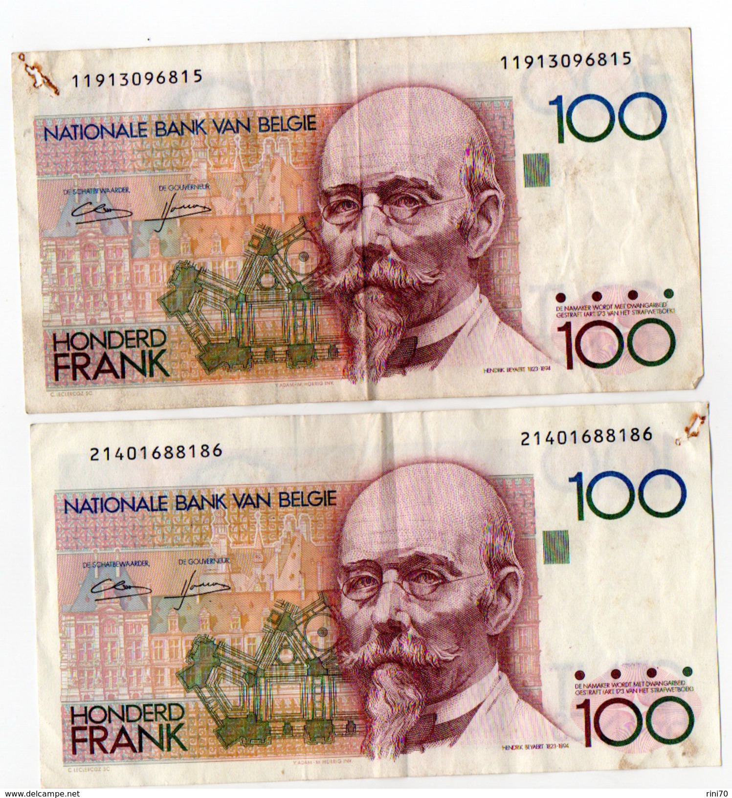 2 Banconote Belgio 100 Franchi Francs Belgique Belgie Serie 214..e 119.. Honderd Frank - 100 Franchi