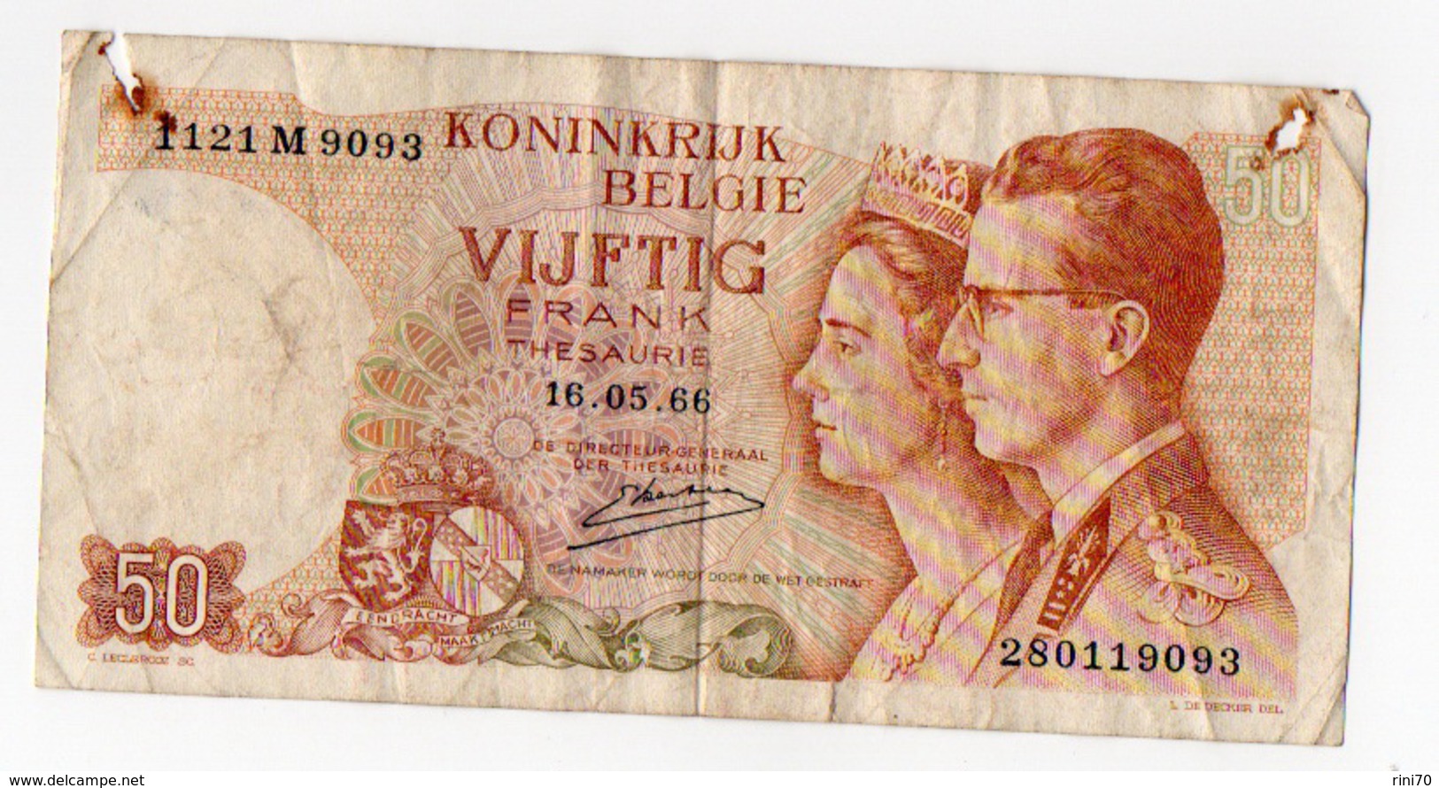 1 Banconota Belgio 50 Franchi Francs 16 Maggio 1966 Vijftig Serie 28 Royaume Belgique - Other & Unclassified