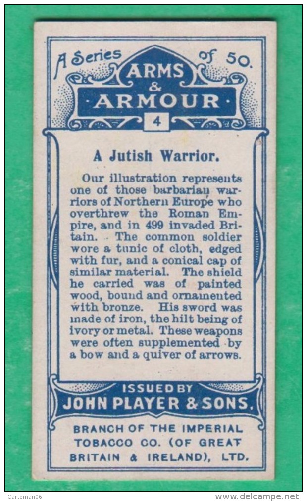 Chromo John Player & Sons, Player's Cigarettes, Arms & Armour 4 -Time Of Landing Of The Saxons N°449 A Jutish Warrior - Player's