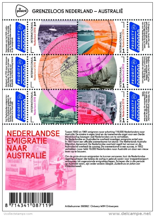 Nederland  2016  Grenzeloos Nederland - Australie  B Emigratie     Vel Postfris/mnh - Ongebruikt