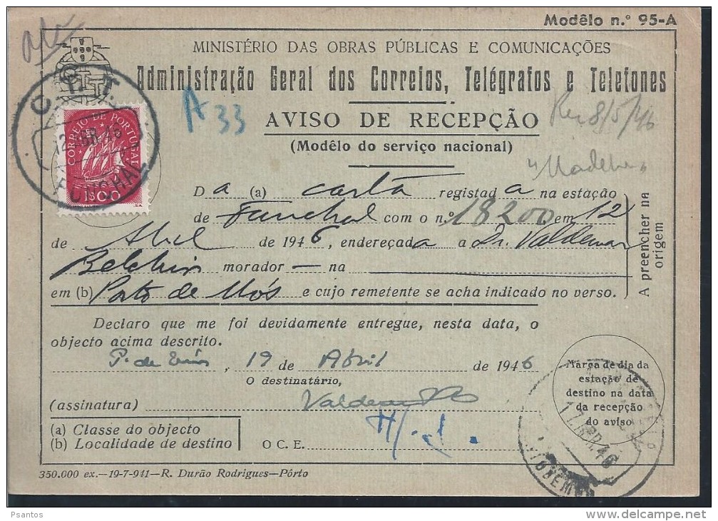 Acknowledgement Of Receipt The Letter Circulated Port Mos To Funchal.Portugal.The Obliteration P Mos 17/4/1946.2ª WW.2 - Lettres & Documents