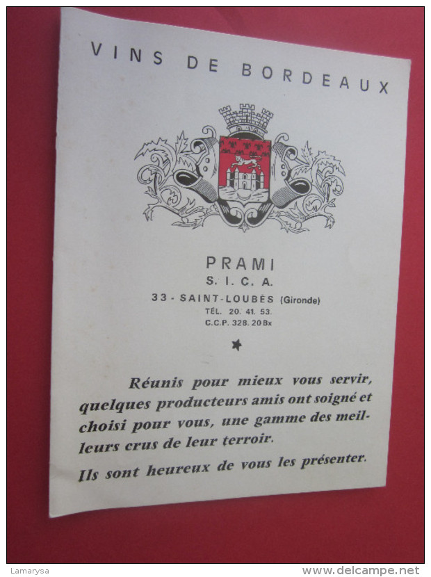 VINTAGE 1968 Dépliant Publicitaire Publicité Vin De Bordeaux Rouge-Blanc-Tarif-Bon De Commande-PRAMI Saint-Loubés Gde - Publicités