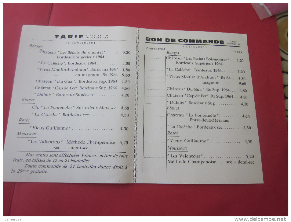 VINTAGE 1968 Dépliant Publicitaire Publicité Vin De Bordeaux Rouge-Blanc-Tarif-Bon De Commande-PRAMI Saint-Loubés Gde - Werbung