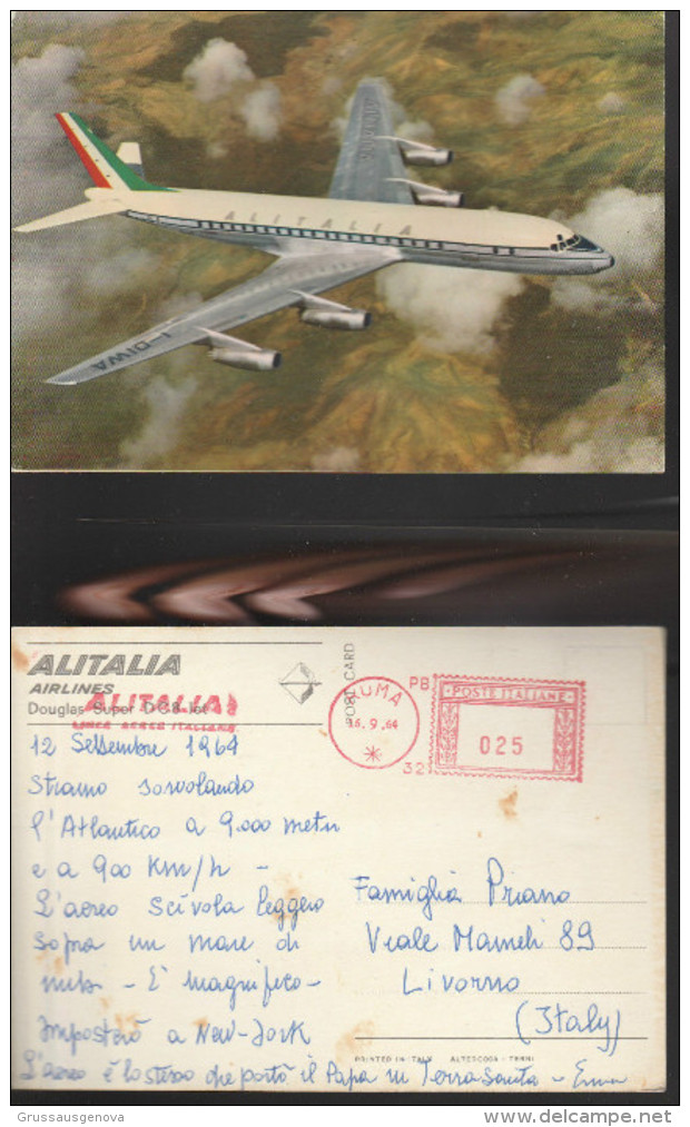 6964) ALITALIA DOUGLAS SUPER DC8 VIAGGIATA 1964 TIMBRO TARGHETTA ALITALIA ROSSA - 1946-....: Modern Tijdperk